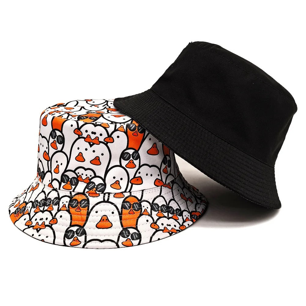 Cartoon Duck Bucket Hat White Cute Pattern Printing Fisherman Hats Double Sides Unisex Adult Panama Cap Caps For Men Momen