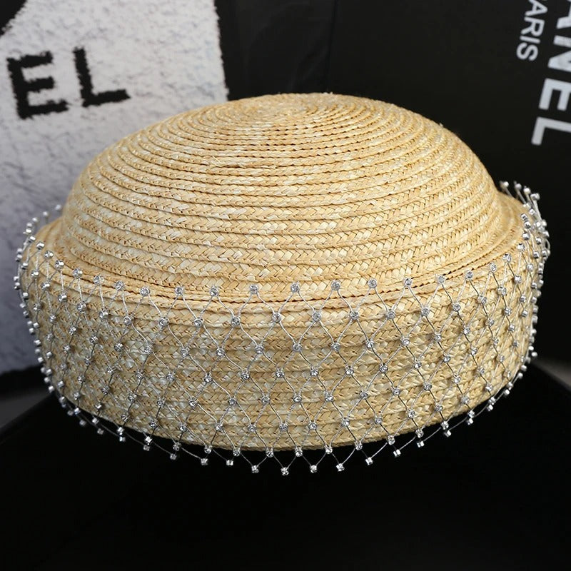 2025 Rhinestone Shiny  Straw Beret Women's Natural Bucket Sun Hat Circle Concave Top Straw Hat Church Derby Party Beach Hat