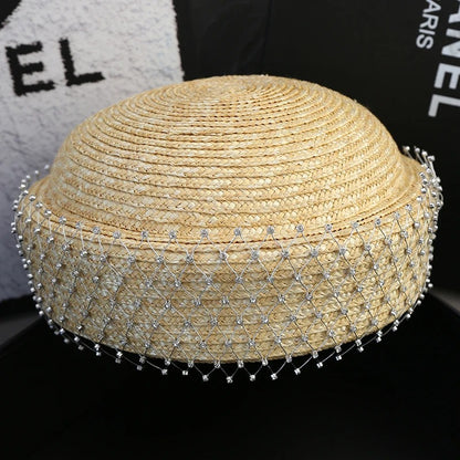 2025 Rhinestone Shiny  Straw Beret Women's Natural Bucket Sun Hat Circle Concave Top Straw Hat Church Derby Party Beach Hat