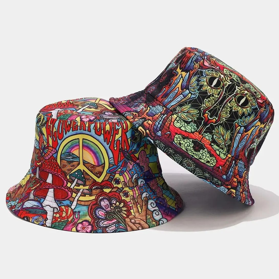 Summer Sun Protection Bucket Hat for Men Women Panama Cap Print Hip Hop Gorros Fishing Fisherman Hat Double Side Wear Fashion