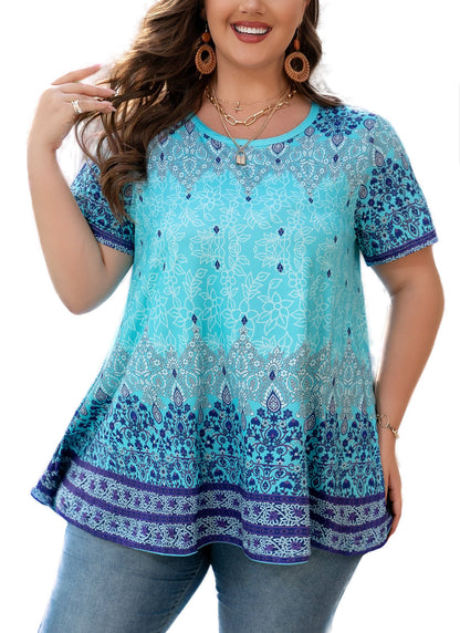 Tunic Tops for Women Plus Size Short Sleeve Crew Neck Swing Flare Loose T-Shirt Blouses to Wear with Leggings Blue Paisley Floral Tunics