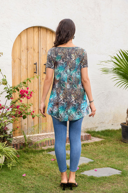 Tunic Tops for Women Plus Size Short Sleeve Crew Neck Swing Flare Loose T-Shirt Blouses to Wear with Leggings B5 SATXAL