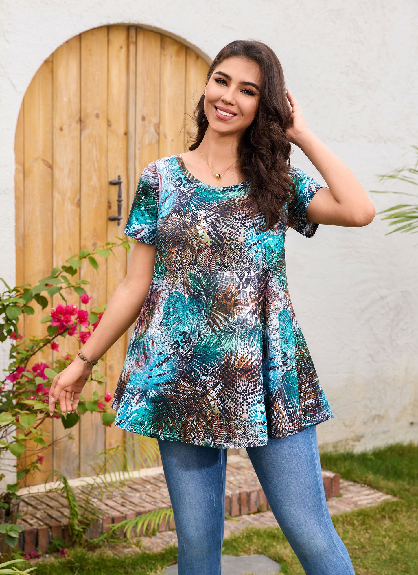 Tunic Tops for Women Plus Size Short Sleeve Crew Neck Swing Flare Loose T-Shirt Blouses to Wear with Leggings B5 SATXAL