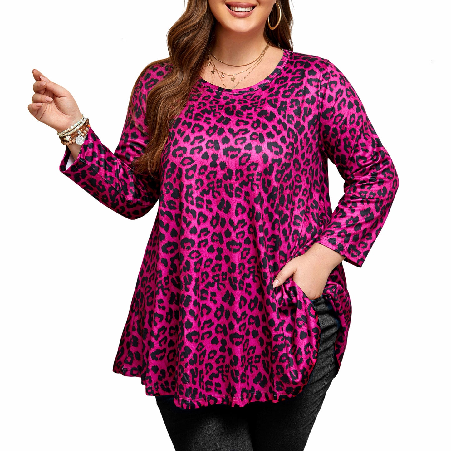 Plus Size Tops Summer 3/4 Length Sleeve Crewneck Blouses Dressy Casual Loose Curvy Flowy