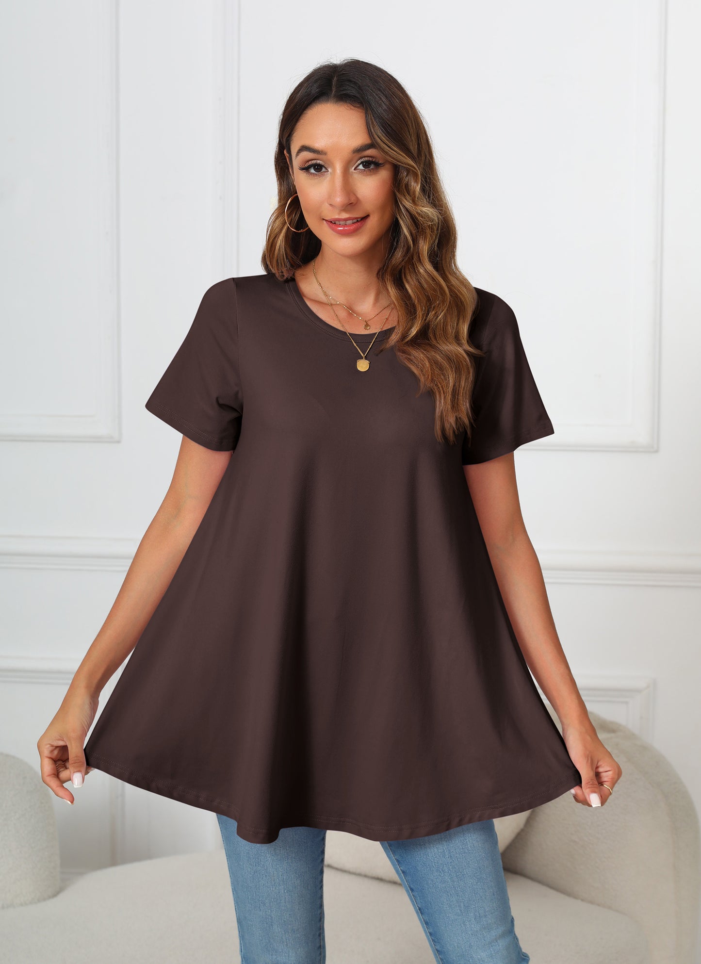 Tunic Tops for Women Plus Size Short Sleeve Crew Neck Swing Flare Loose T-Shirt Blouses to Wear with Leggings  B14 SATXBN