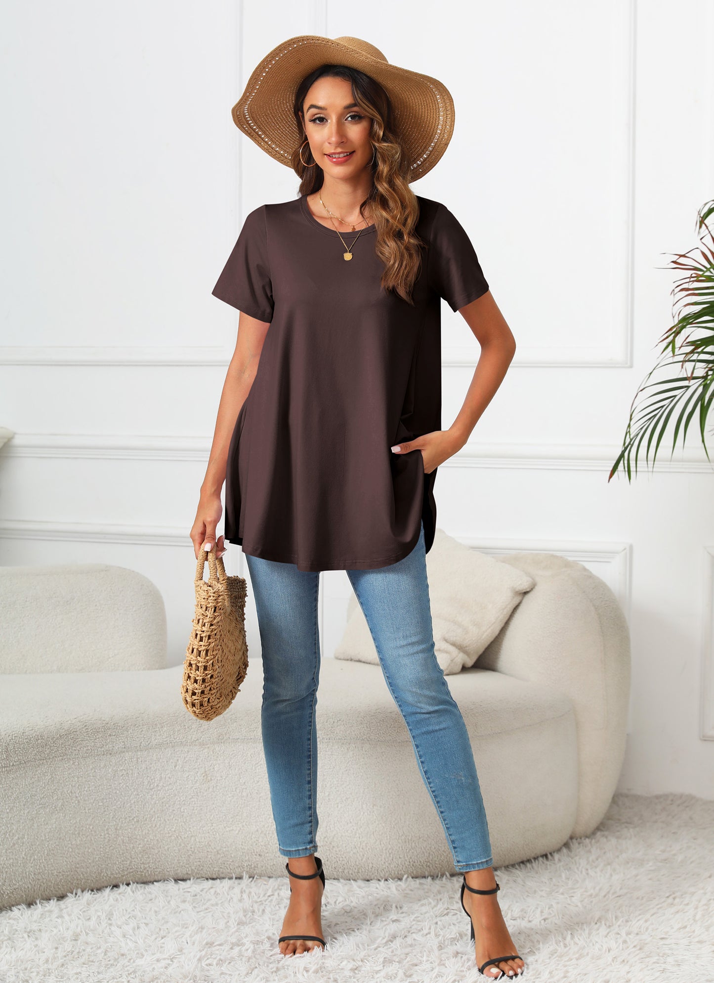 Tunic Tops for Women Plus Size Short Sleeve Crew Neck Swing Flare Loose T-Shirt Blouses to Wear with Leggings  B14 SATXBN