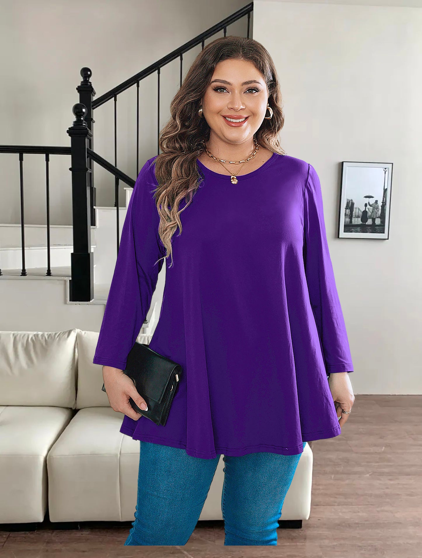 Womens Tops - Plus Size Tunics 3/4 Sleeve Loose Fit Dressy Casual Long Swing Flowy Lady Blouses Shirts Wear with Leggings Teals Blue Clothing A20 SATDP