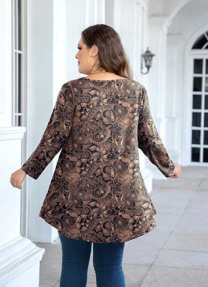 Womens Tunic Tops 3/4 Sleeve Plus Size Crew Neck Swing Flare Loose Fit T-Shirt Blouses to Wear with Leggings Tunic Top Brown