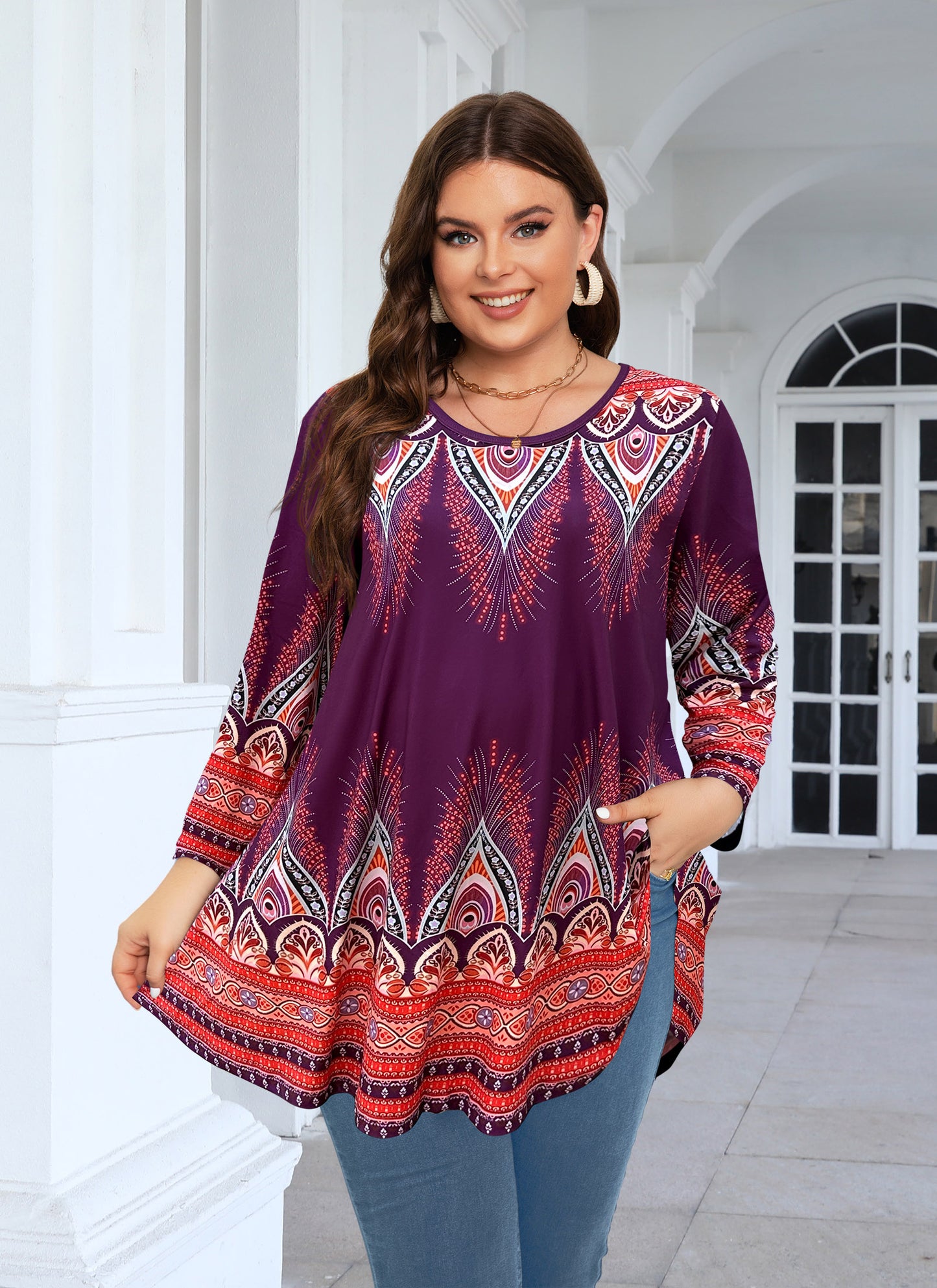 Womens Tunic 3/4 Sleeve Plus Size Tops Crew Neck Swing Flowy Loose Fit T-Shirt Blouses to Wear with Leggings Orange Floral Tops Purple