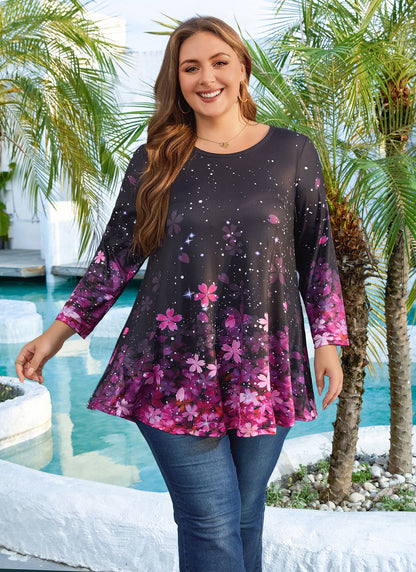 Womens Tunic 3/4 Sleeve Plus Size Tops Crew Neck Swing Flowy Loose Fit T-Shirt Blouses to Wear with Leggings