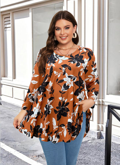 Womens Tunic 3/4 Sleeve Plus Size Tops Crew Neck Swing Flowy Loose Fit T-Shirt Blouses to Wear with Leggings Tunics Shirts Burnt Orange Floral