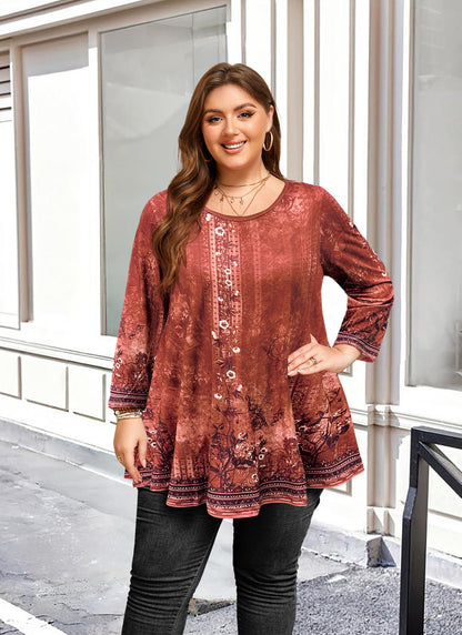 Womens Tunic Tops 3/4 Sleeve Plus Size Crew Neck Swing Flare Loose Fit T-Shirt Blouses to Wear with Leggings Burnt Orange Tunic