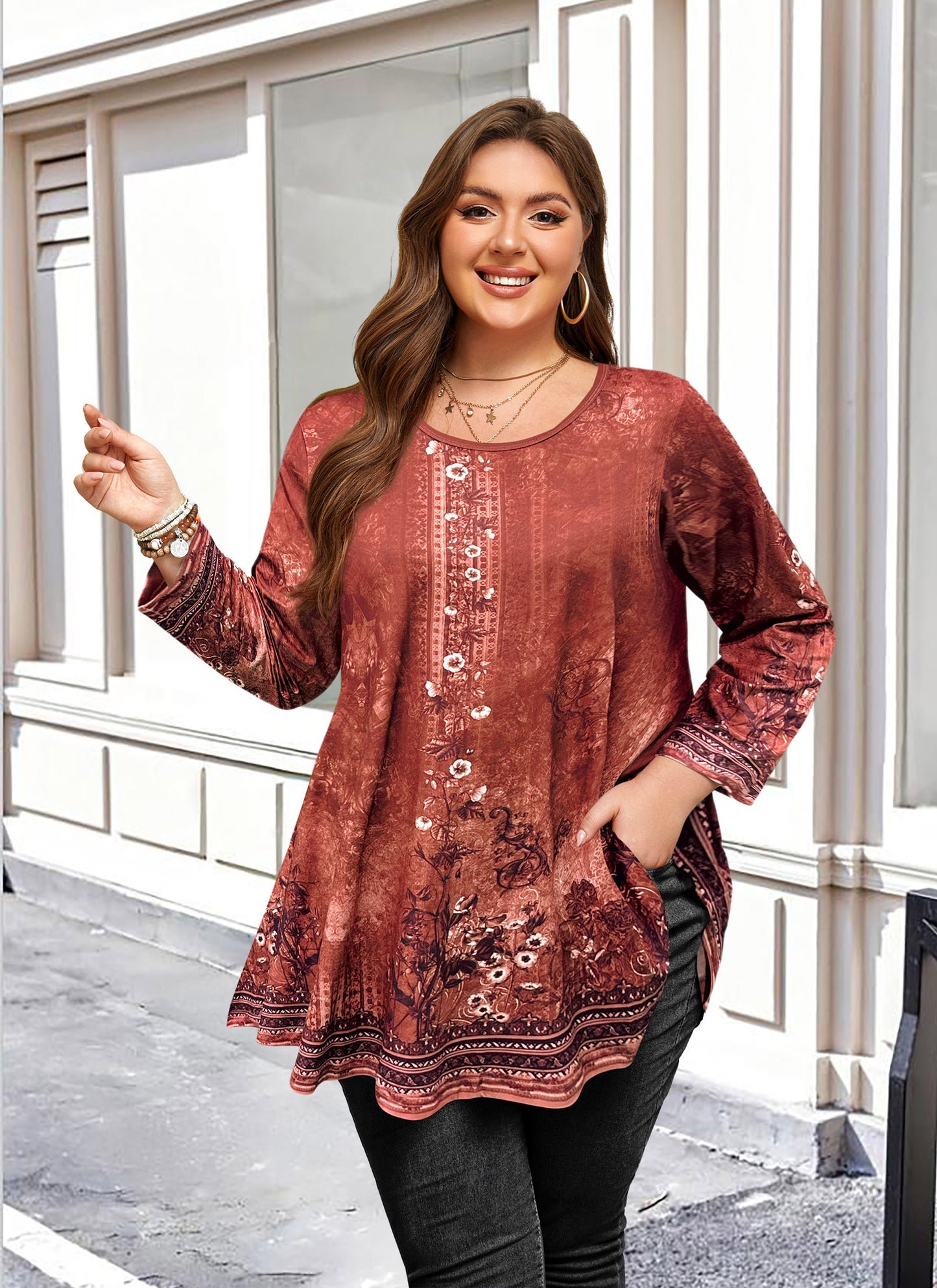 Womens Tunic Tops 3/4 Sleeve Plus Size Crew Neck Swing Flare Loose Fit T-Shirt Blouses to Wear with Leggings Burnt Orange Tunic