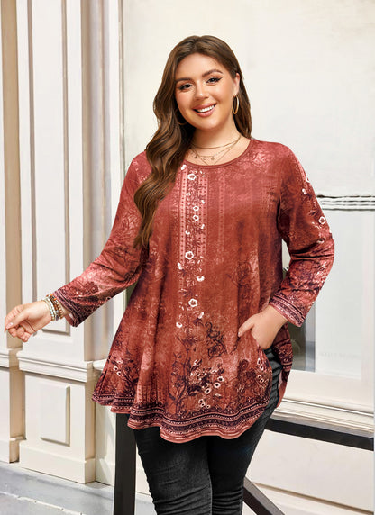 Womens Tunic Tops 3/4 Sleeve Plus Size Crew Neck Swing Flare Loose Fit T-Shirt Blouses to Wear with Leggings Burnt Orange Tunic
