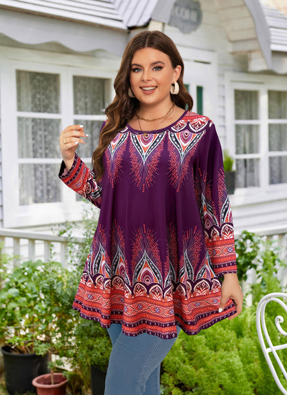 Womens Tunic 3/4 Sleeve Plus Size Tops Crew Neck Swing Flowy Loose Fit T-Shirt Blouses to Wear with Leggings Orange Floral Tops Purple
