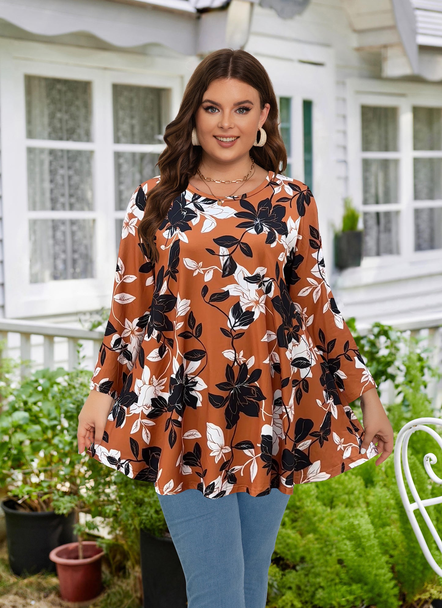 Womens Tunic 3/4 Sleeve Plus Size Tops Crew Neck Swing Flowy Loose Fit T-Shirt Blouses to Wear with Leggings Tunics Shirts Burnt Orange Floral