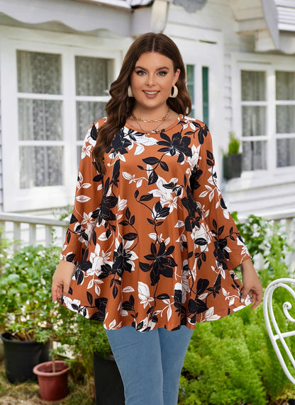Womens Tunic 3/4 Sleeve Plus Size Tops Crew Neck Swing Flowy Loose Fit T-Shirt Blouses to Wear with Leggings Tunics Shirts Burnt Orange Floral