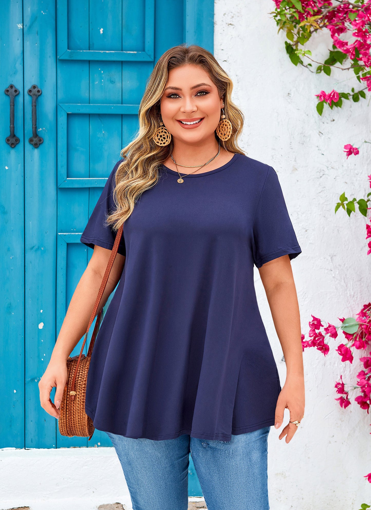 Womens Plus Size Tops Short Sleeve Swing Flare Flowy Tunic Loose Fit Summer Casual Blouses to Wear with Leggings Navy Blue Tunics Tops