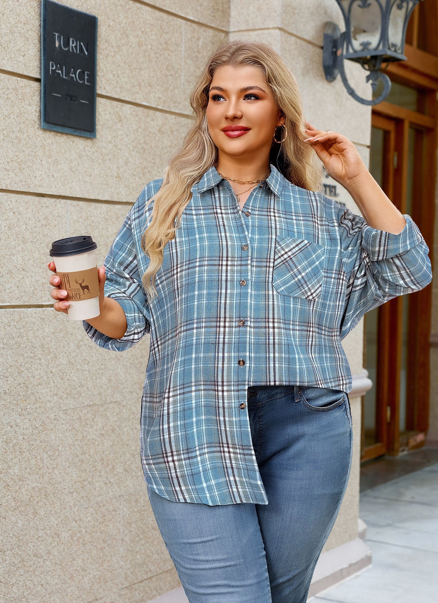 Womens Plus Size Flannel Shirts Long Sleeve Button Down Plaid Shirt Roll Up Oversize Checkered Blouse Top Fall H-02 Blue Plaid Shirts