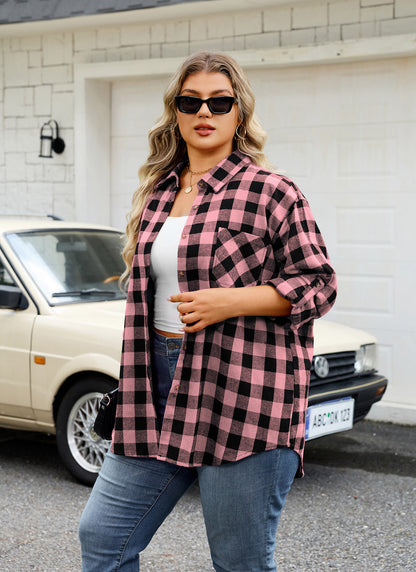 Womens Plus Size Flannel Shirts Long Sleeve Button Down Plaid Shirt Roll Up Oversize Checkered Blouse Top Fall Pink Flannel Plaid Shirt
