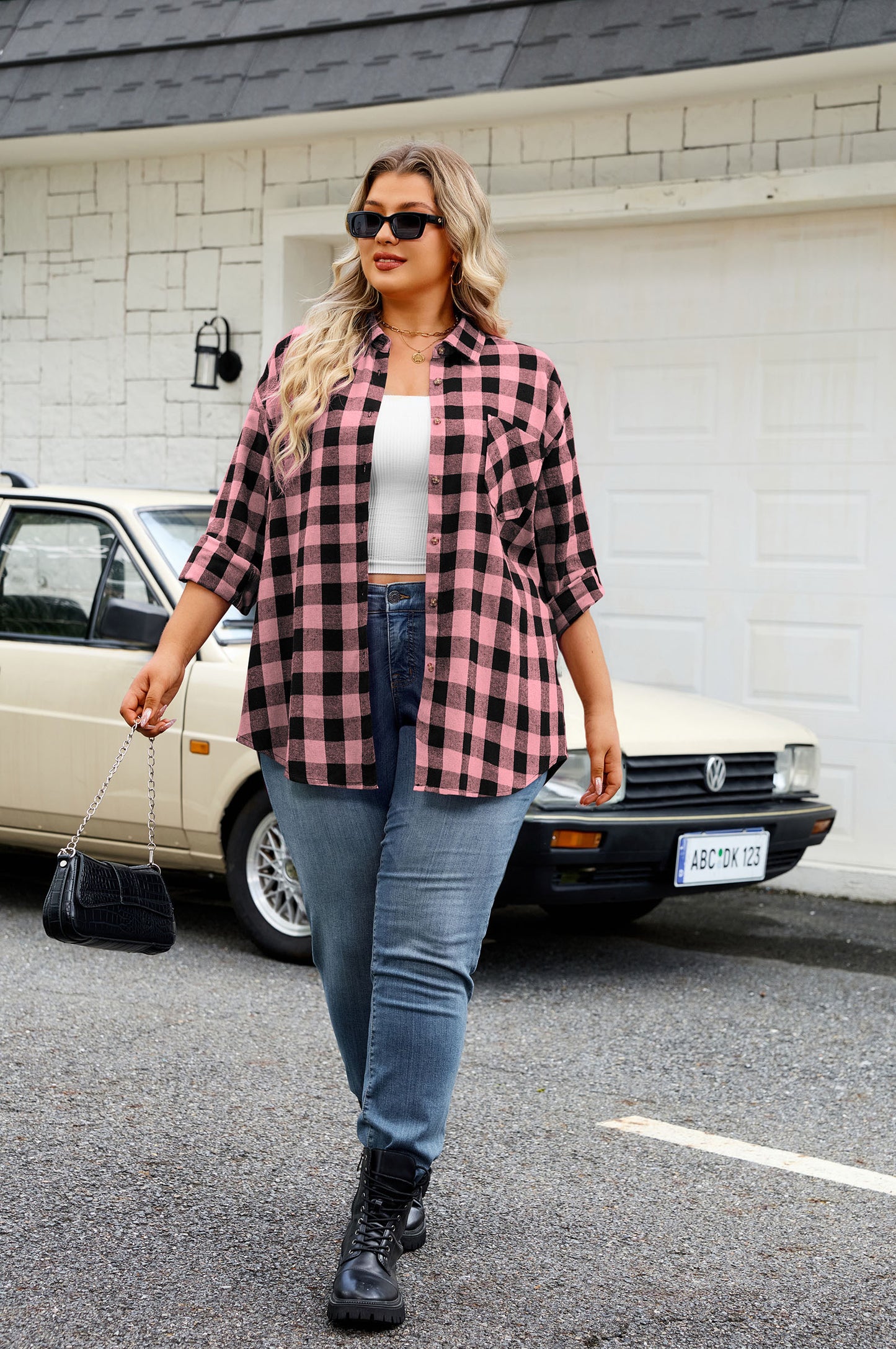 Womens Plus Size Flannel Shirts Long Sleeve Button Down Plaid Shirt Roll Up Oversize Checkered Blouse Top Fall Pink Flannel Plaid Shirt
