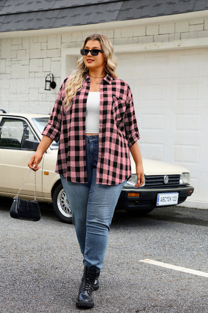 Womens Plus Size Flannel Shirts Long Sleeve Button Down Plaid Shirt Roll Up Oversize Checkered Blouse Top Fall Pink Flannel Plaid Shirt