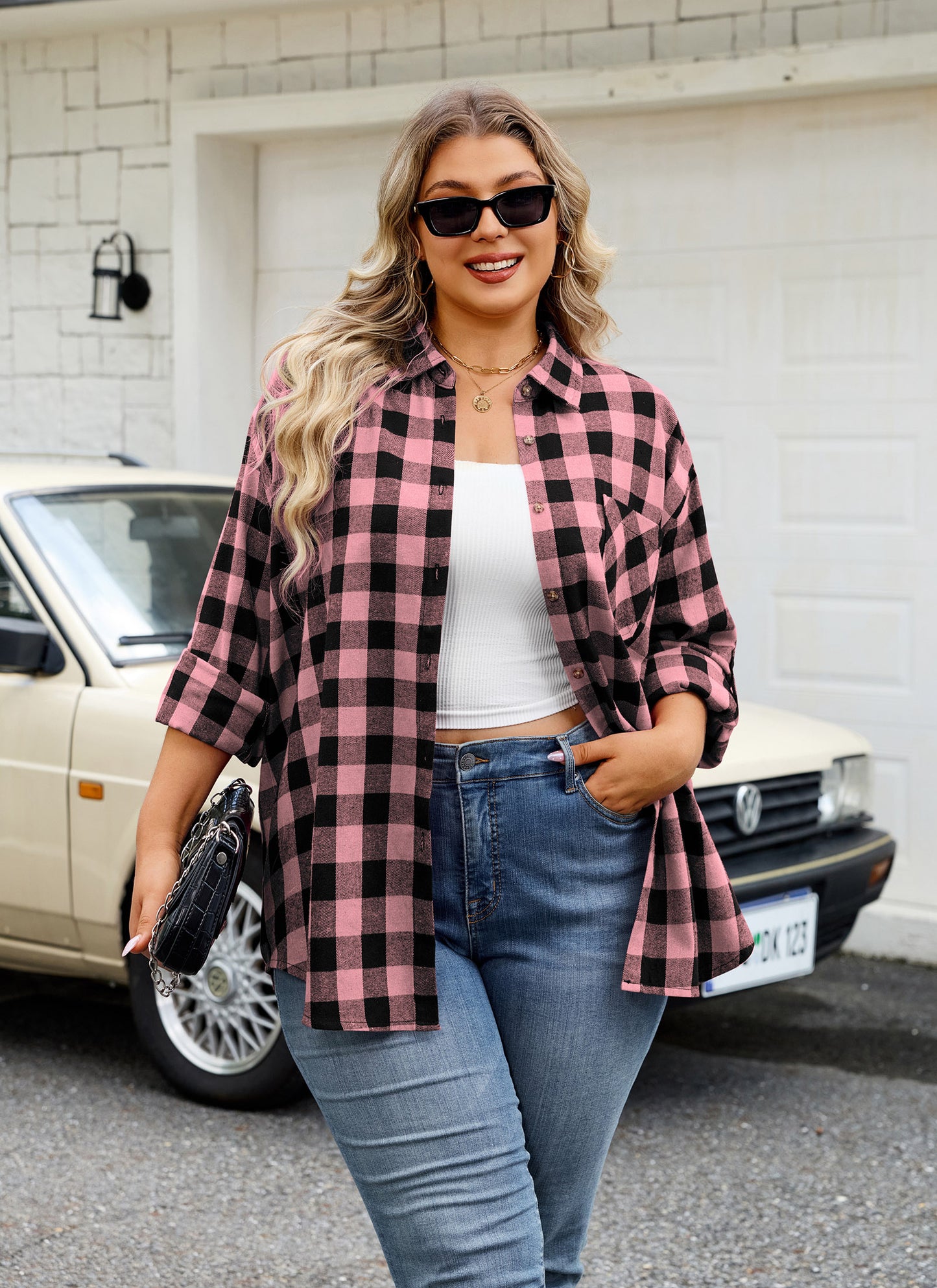 Womens Plus Size Flannel Shirts Long Sleeve Button Down Plaid Shirt Roll Up Oversize Checkered Blouse Top Fall Pink Flannel Plaid Shirt