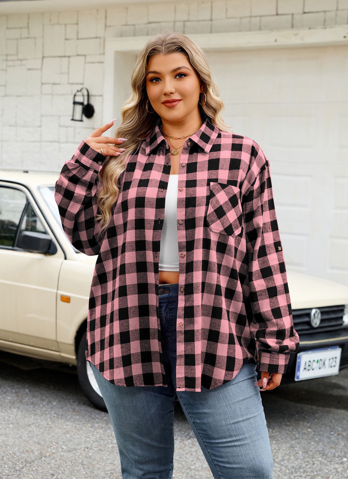 Womens Plus Size Flannel Shirts Long Sleeve Button Down Plaid Shirt Roll Up Oversize Checkered Blouse Top Fall Pink Flannel Plaid Shirt