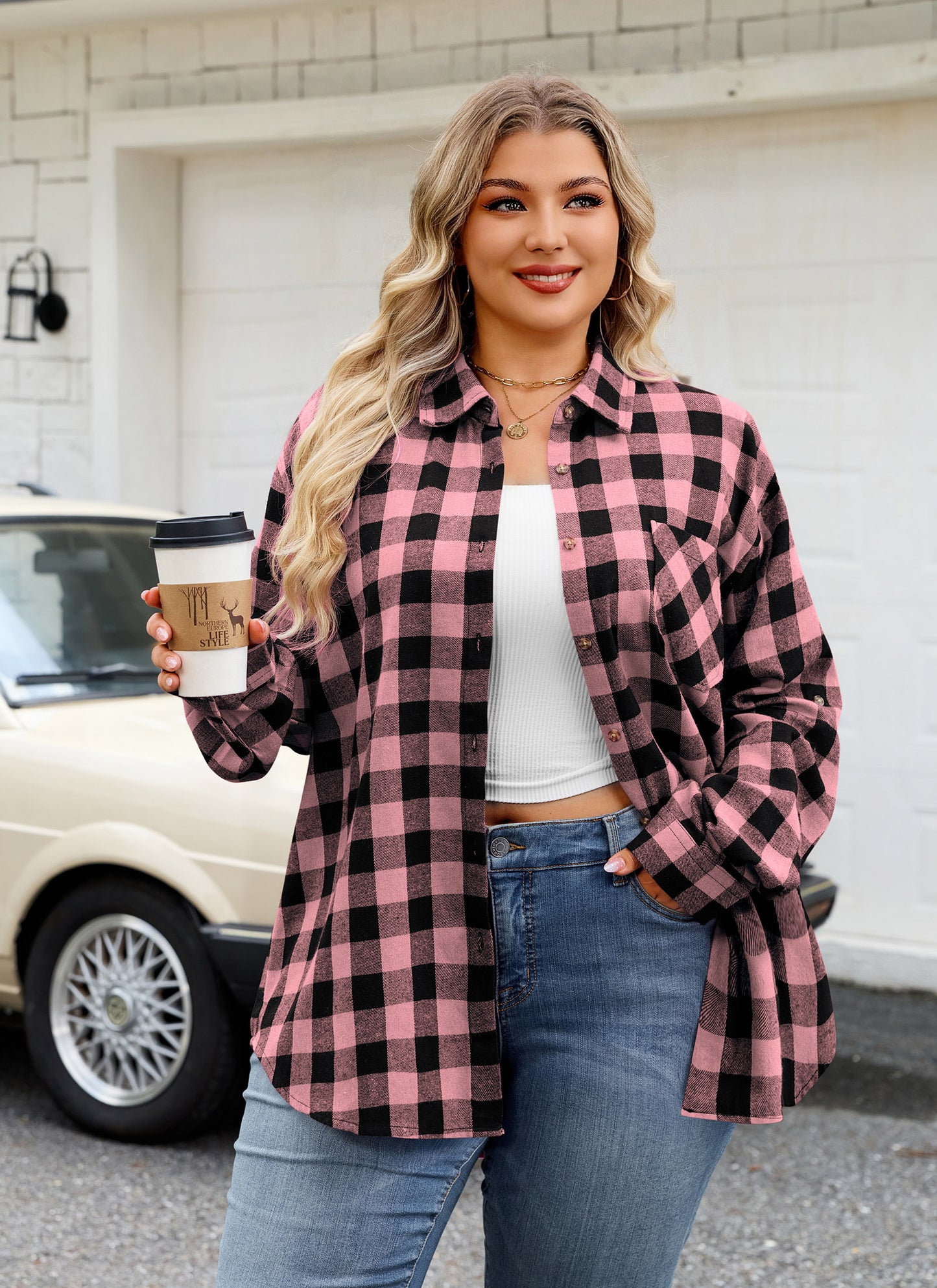 Womens Plus Size Flannel Shirts Long Sleeve Button Down Plaid Shirt Roll Up Oversize Checkered Blouse Top Fall Pink Flannel Plaid Shirt