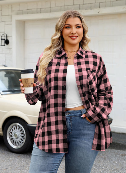 Womens Plus Size Flannel Shirts Long Sleeve Button Down Plaid Shirt Roll Up Oversize Checkered Blouse Top Fall Pink Flannel Plaid Shirt
