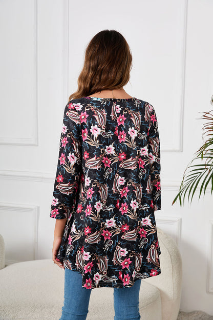 Womens Tunic Tops 3/4 Sleeve Plus Size Crew Neck Swing Flare Loose Fit T-Shirt Blouses to Wear with Leggings Tunic Tops Black Floral