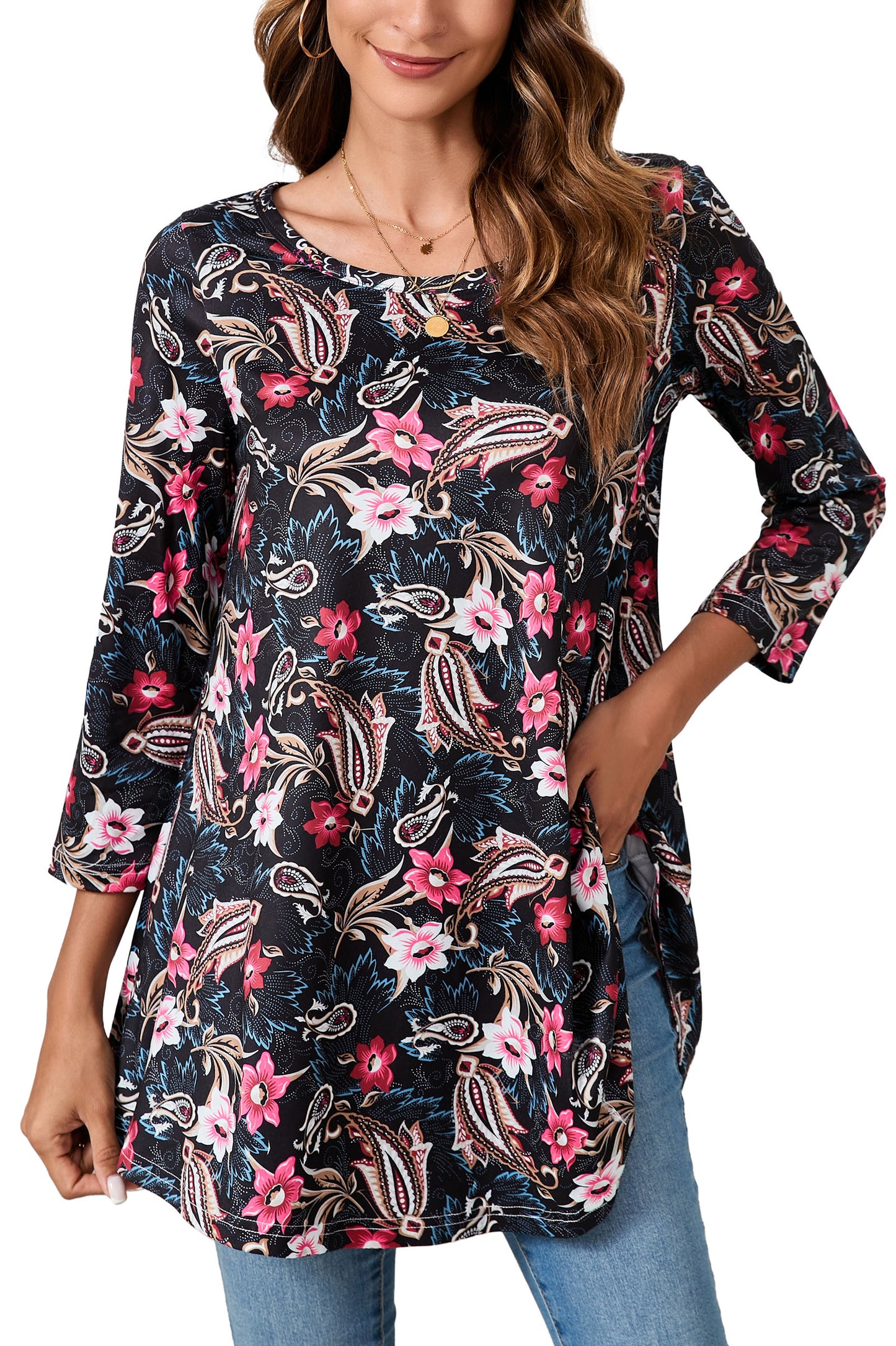 Womens Tunic Tops 3/4 Sleeve Plus Size Crew Neck Swing Flare Loose Fit T-Shirt Blouses to Wear with Leggings Tunic Tops Black Floral