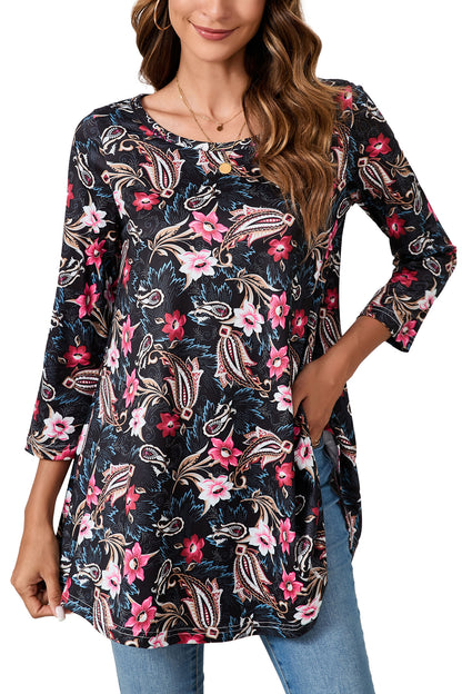 Womens Tunic Tops 3/4 Sleeve Plus Size Crew Neck Swing Flare Loose Fit T-Shirt Blouses to Wear with Leggings Tunic Tops Black Floral