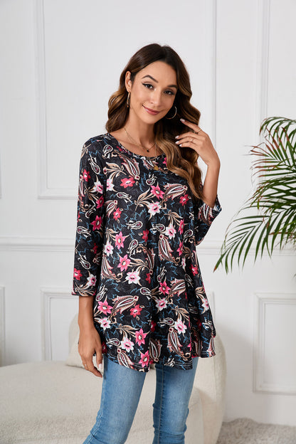 Womens Tunic Tops 3/4 Sleeve Plus Size Crew Neck Swing Flare Loose Fit T-Shirt Blouses to Wear with Leggings Tunic Tops Black Floral