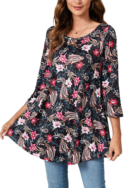 Womens Tunic Tops 3/4 Sleeve Plus Size Crew Neck Swing Flare Loose Fit T-Shirt Blouses to Wear with Leggings Tunic Tops Black Floral