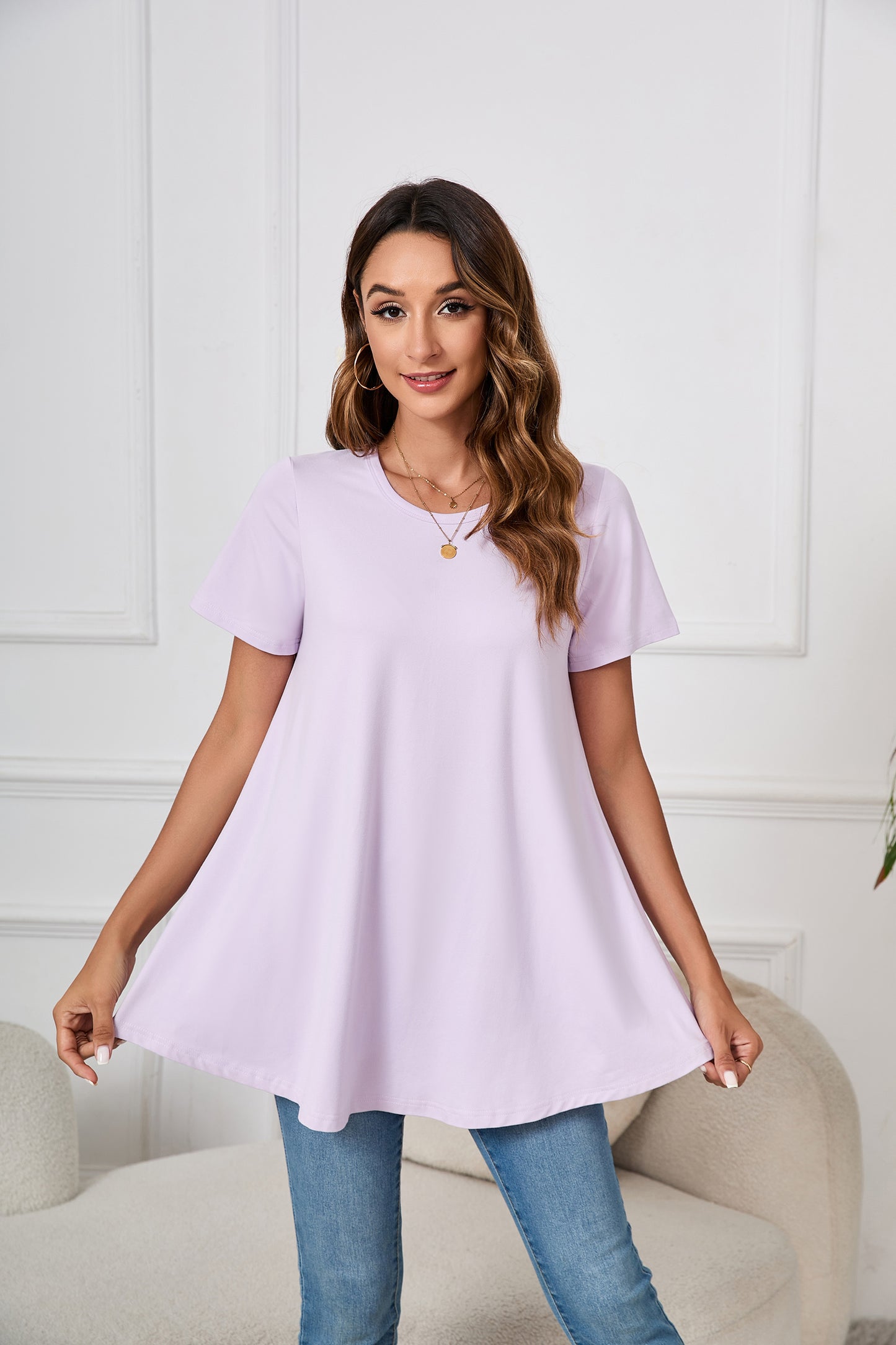 Tunic Tops for Women Plus Size Short Sleeve Crew Neck Swing Flare Loose T-Shirt Blouses to Wear with Leggings  B3 SATXP