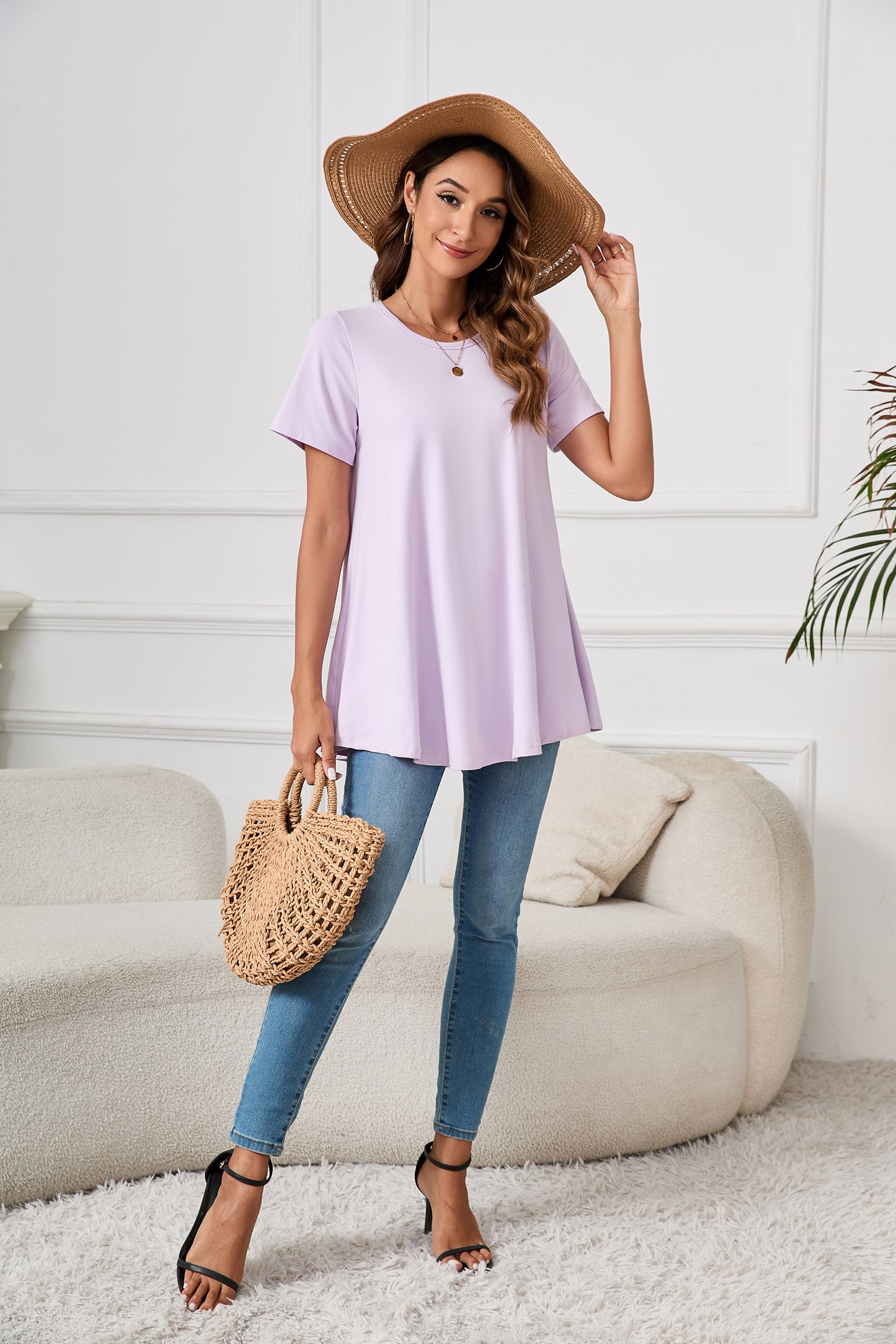 Tunic Tops for Women Plus Size Short Sleeve Crew Neck Swing Flare Loose T-Shirt Blouses to Wear with Leggings  B3 SATXP
