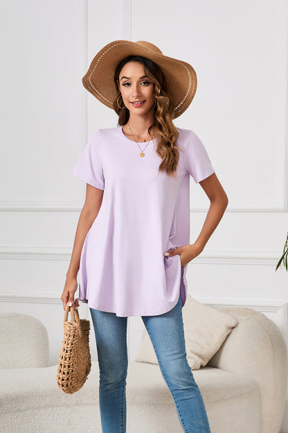 Tunic Tops for Women Plus Size Short Sleeve Crew Neck Swing Flare Loose T-Shirt Blouses to Wear with Leggings  B3 SATXP