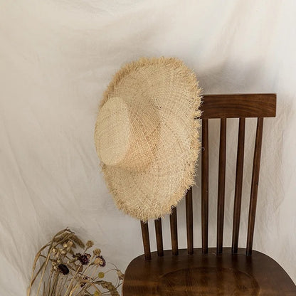 100% Handmade Natural Raffia Hats Women Flat Top Wide Brim Straw Hat Beach Hat Lady  Holiday Panama Sun Protection Sun Hat