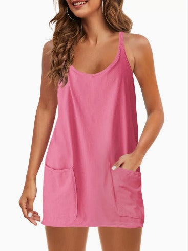 Women's Sleeveless Sports Romper Dress - Athletic V-Neck Spaghetti Strap Mini Sundress