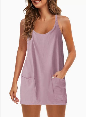 Women's Sleeveless Sports Romper Dress - Athletic V-Neck Spaghetti Strap Mini Sundress