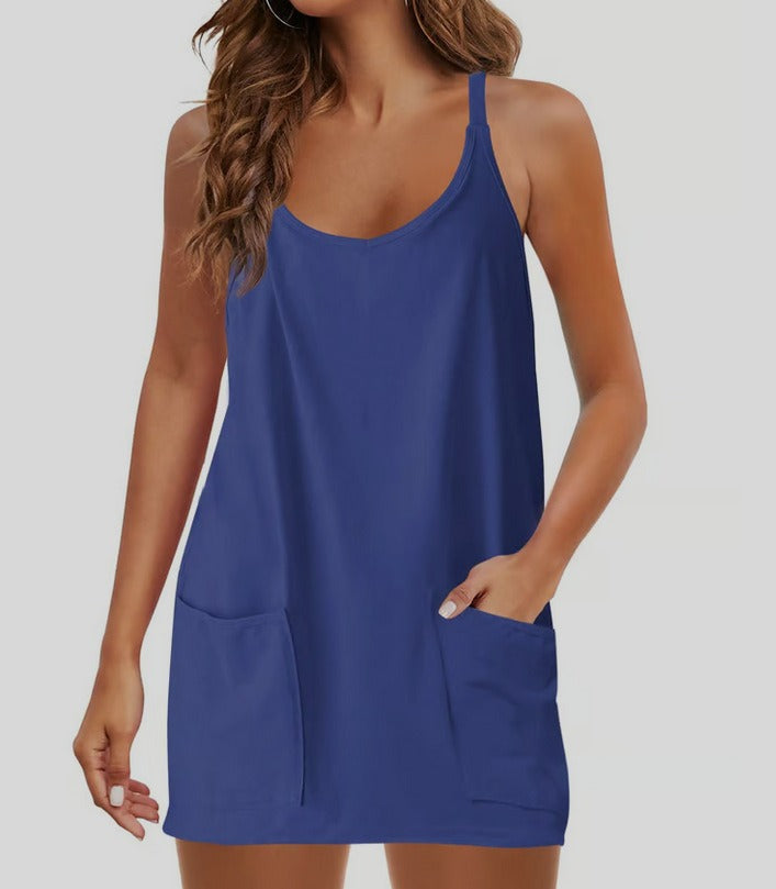 Women's Sleeveless Sports Romper Dress - Athletic V-Neck Spaghetti Strap Mini Sundress