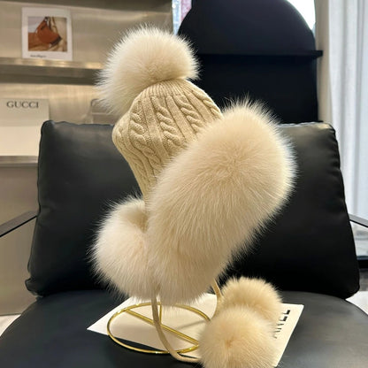 Outdoor Earflap hat Wool Knitted Snow Ski Cap Fleece Bomber Trapper Hat Women Fox Fur Pompom Winter