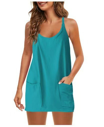 Women's Sleeveless Sports Romper Dress - Athletic V-Neck Spaghetti Strap Mini Sundress