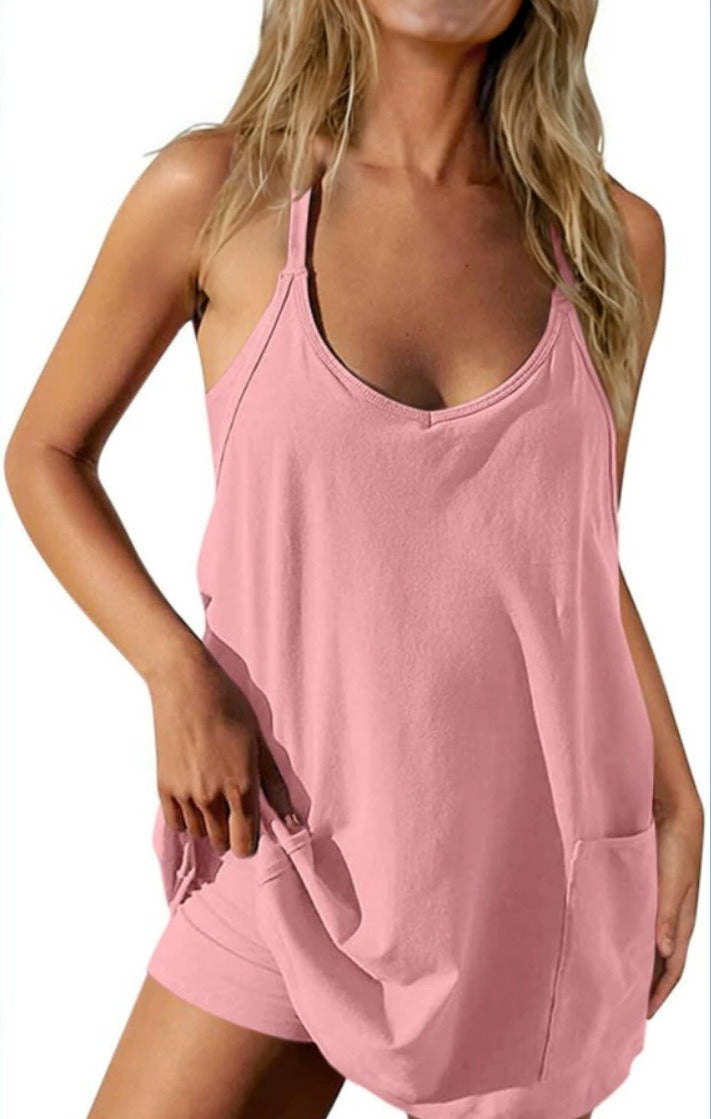 Women's Sleeveless Sports Romper Dress - Athletic V-Neck Spaghetti Strap Mini Sundress
