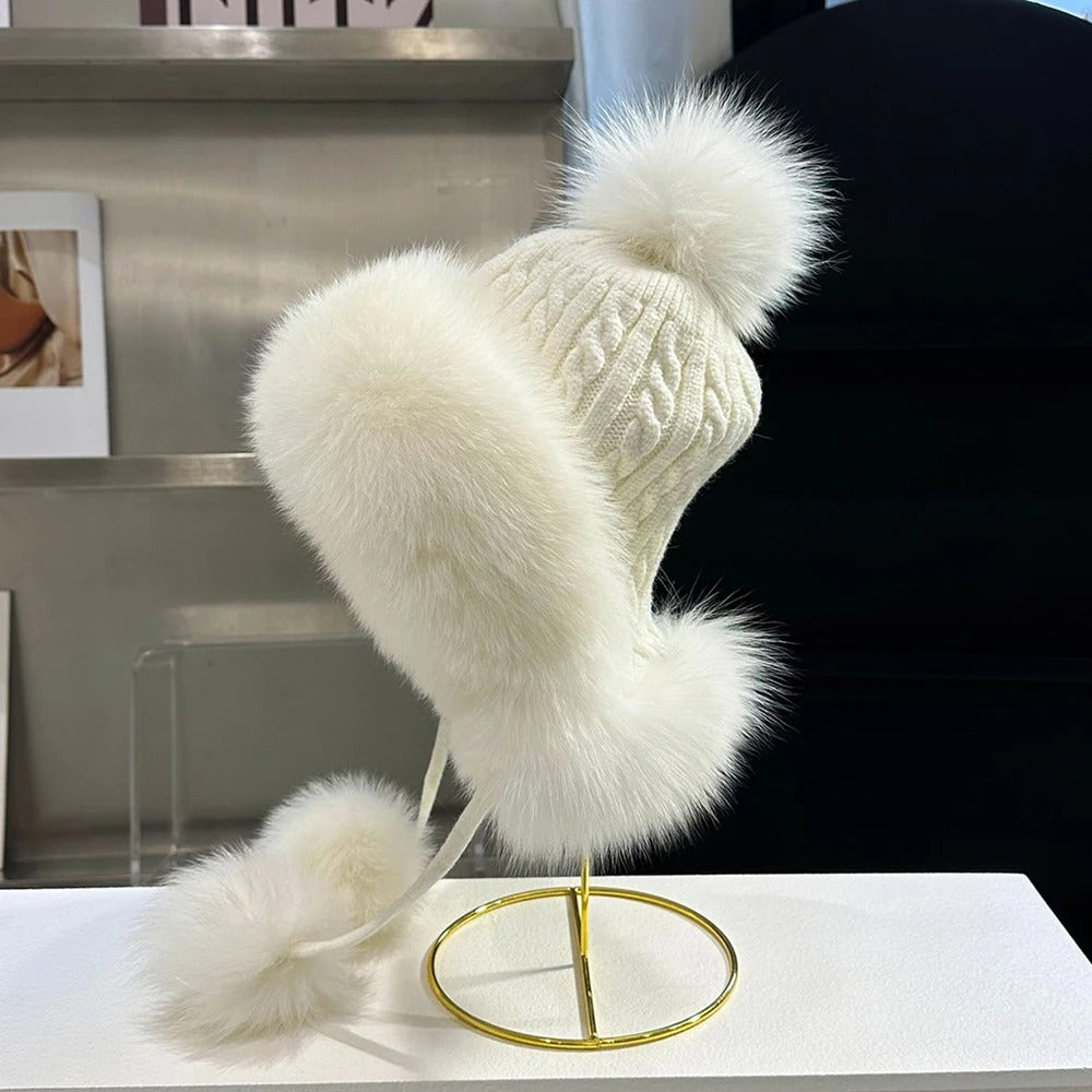 Outdoor Earflap hat Wool Knitted Snow Ski Cap Fleece Bomber Trapper Hat Women Fox Fur Pompom Winter