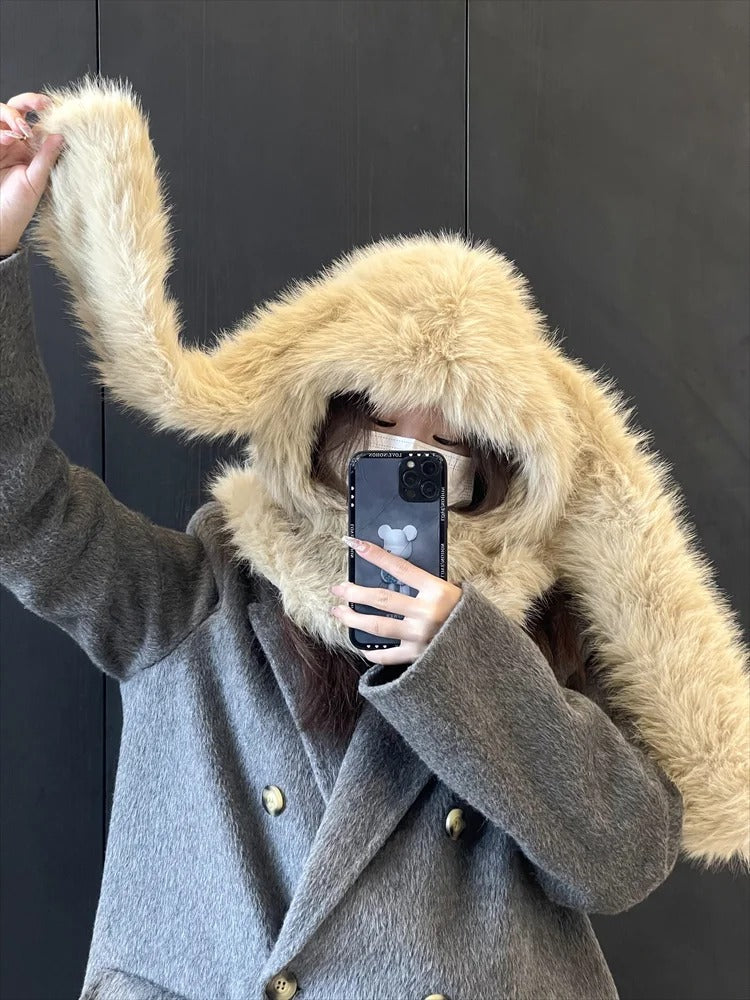 Lovely Balaclava Hat for Women Thickened Warm Plush Pullover Scarf Caps with Long Rabbits Ear Outdoor Activity Headwear
