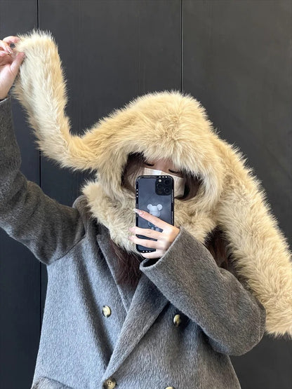 Lovely Balaclava Hat for Women Thickened Warm Plush Pullover Scarf Caps with Long Rabbits Ear Outdoor Activity Headwear