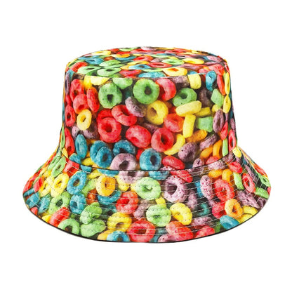 Donut Pattern Bucket Hat Cartoon Graffiti Printing Fisherman Hats Double Sides Panama Cap Men Women Sun Sunscreen Outdoor