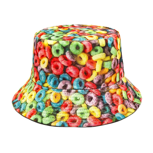 Donut Pattern Bucket Hat Cartoon Graffiti Printing Fisherman Hats Double Sides Panama Cap Men Women Sun Sunscreen Outdoor